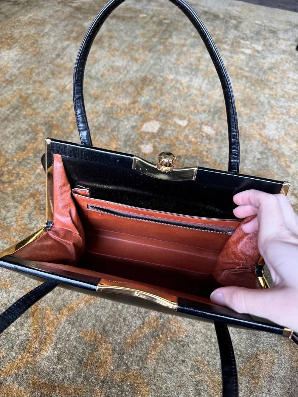 Vintage Classic Black Leather Top-Handle Handbag with Gold Trim Made in Canada